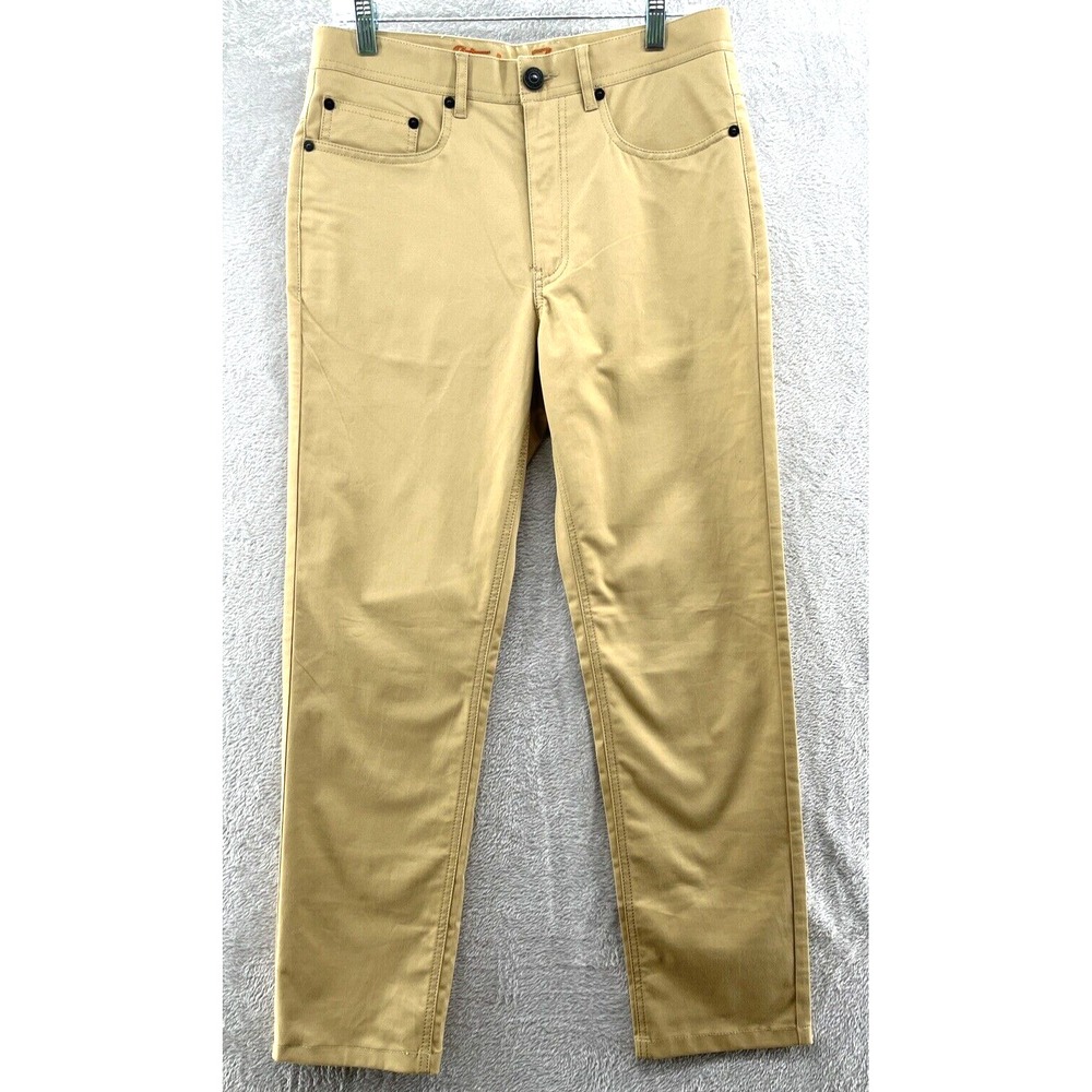 Steven Land Pants Men's 32x28 Tan Denim Cotton Jeans Leather Trim Straight Fit